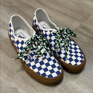 Vans Blue and White Checkered Shoes with Green Laces